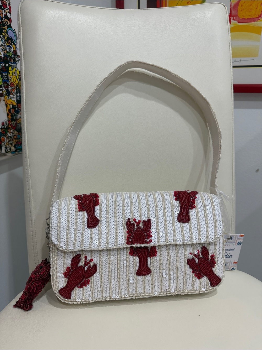 White Beaded & Sequins Shoulder Bag with Red Lobster Motif